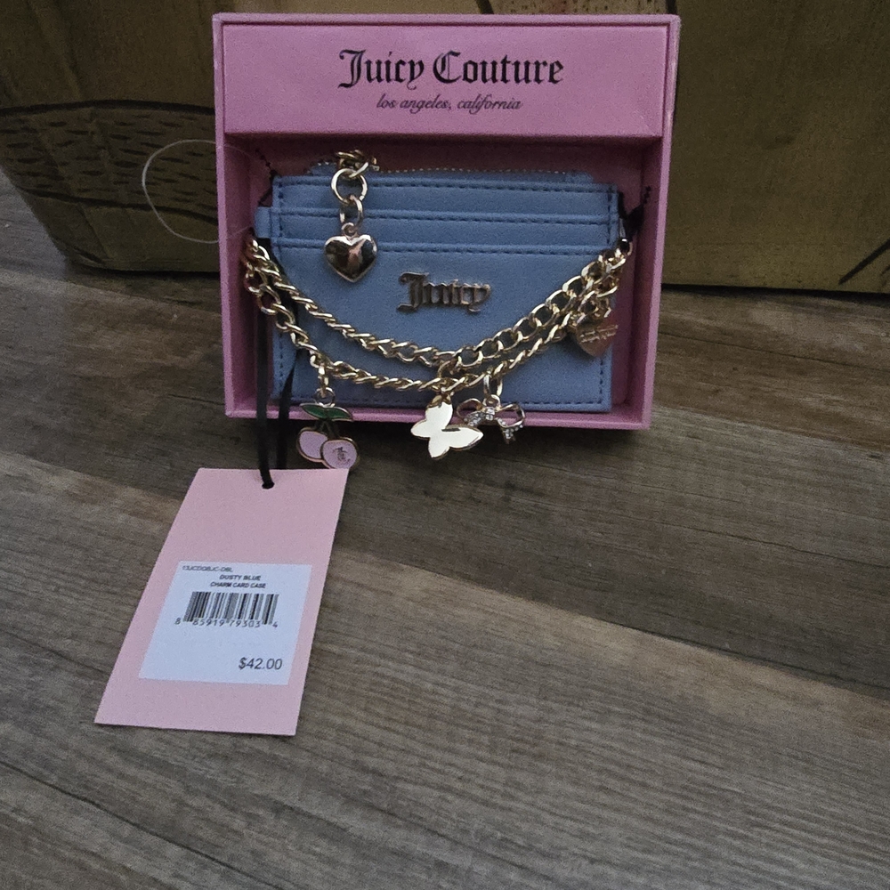 NWT Juicy Couture Blue Card Holder w/ Chain & Charms + Box